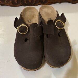Birkenstock Brown Suede Clogs with Gold Accent